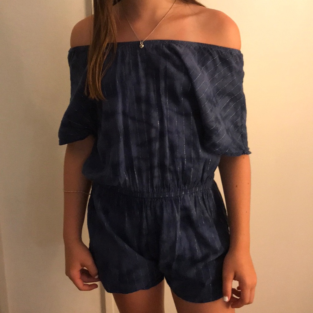 Blue and white off the shoulder romper!